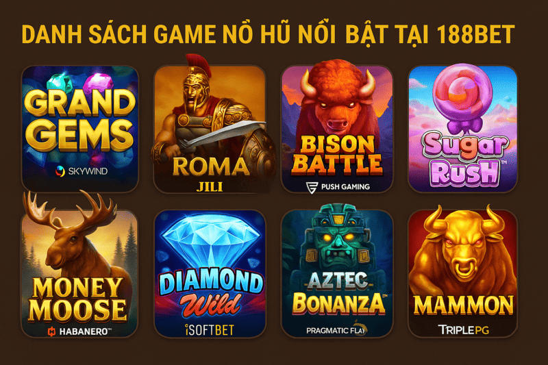 Danh sách các game nổ hũ nổi bật tại 188BET từ nhiều đơn vị phát hành. Danh sách các trò chơi nổ hũ nổi bật tại 188BET từ nhiều nhà phát hành.
